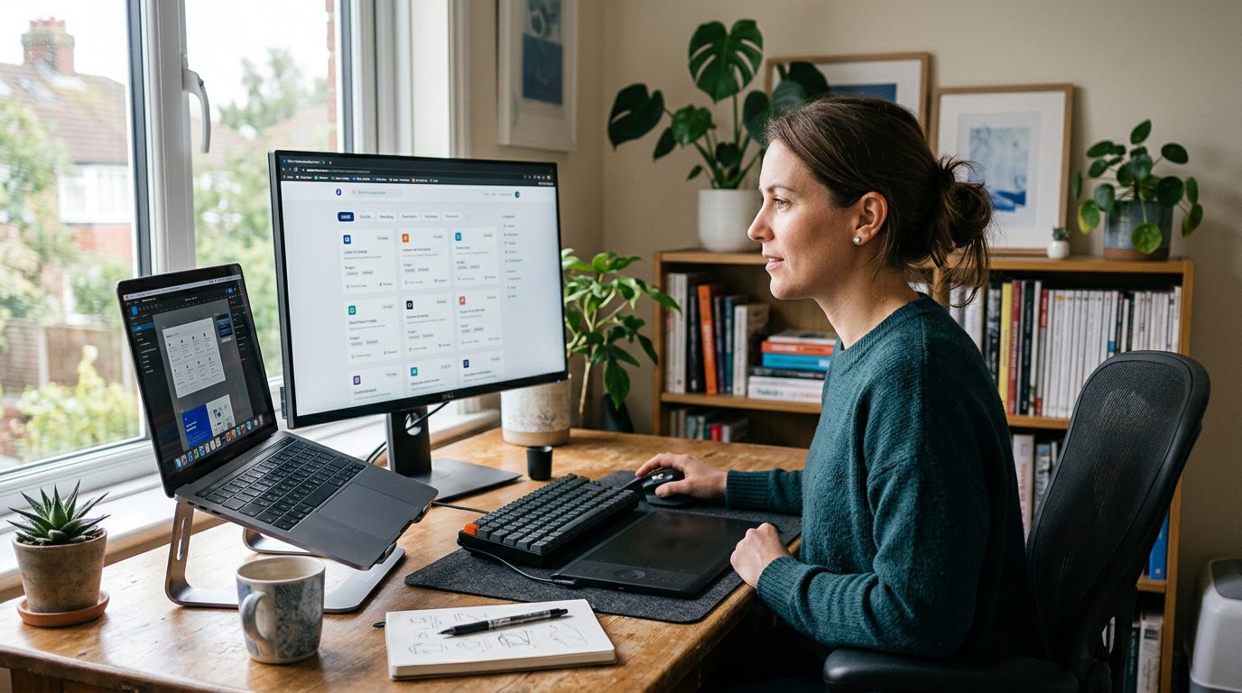 A freelance designer reviewing AI-generated gig matches and draft proposals on a laptop at a home desk